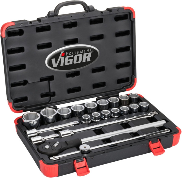 Jeu de clés à douilles VIGOR, carré creux 20 mm (3/4 pouce), profil à six pans extérieurs, 19 - 50, nombre d'outils : 21, V2318N