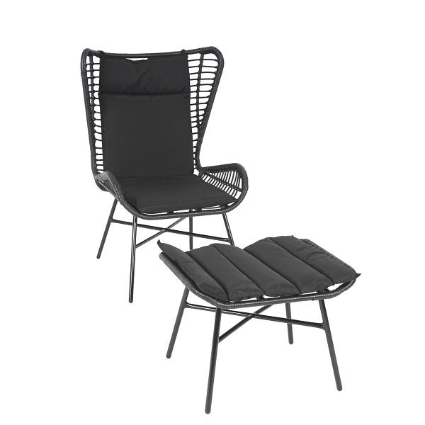 Ensemble en polyrotin Mendler HWC-G17b, ensemble de balcon, ensemble de jardin, groupe de sièges, chaise + tabouret, fauteuil, corde, anthracite, coussins anthracite, 76318