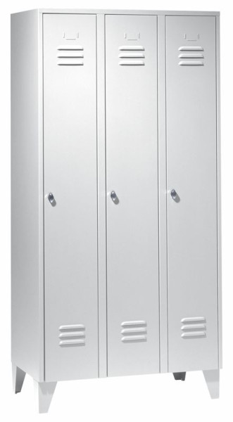 Armoire en acier KLW avec pieds, 1850 x 900 x 500 mm H x L x P, 3 compartiments, 3 étagères à chapeaux, 3 tringles à vêtements, chacune avec 3 patères, 08/93-SA