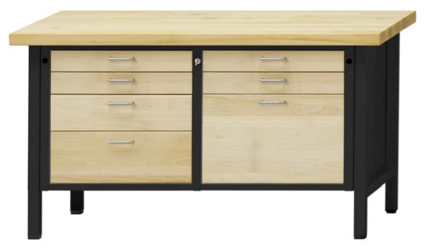 Établi d'armoire ANKE; 1500x700mm; Hêtre plaque solide; A gauche 4 tiroirs 90, 90, 150, 210 mm; A droite 3 tiroirs 90, 90, 360 mm