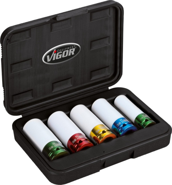 Jeu de douilles pour clés à chocs VIGOR, carré creux 12,5 mm (1/2 pouce), profil à six pans extérieurs, 15 - 22, nombre d'outils : 5, V2257