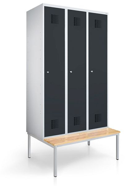 KEMMLIT vestiaire 3 compartiments 30cm avec banc, gris anthracite 7016, loquet tournant, 100081