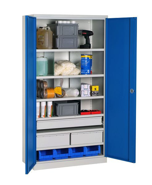 Meuble d'atelier équipé SOFAME 1000x500x1950mm, 1 tiroir télescopique (890x100) + 2 tiroirs (445x160) + 6 étagères, bleu ciel, W030090035GCBI
