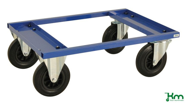 Chariot à palette Kongamek - bas, 2 roulettes fixes et 2 pivotantes en caoutchouc plein avec freins, Bleu, 800 x 600 x 270 mm, KM217-BHB