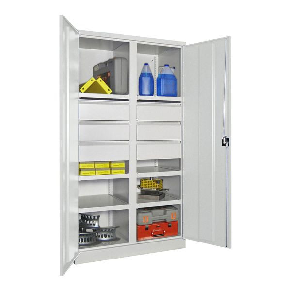 Armoire charges lourdes Pavoy 1950/1040/630, cloison, 6 étagères thermolaquées, 6 tiroirs, portes battantes, poignée rotative avec serrure à cylindre, 36366-104-002-910515