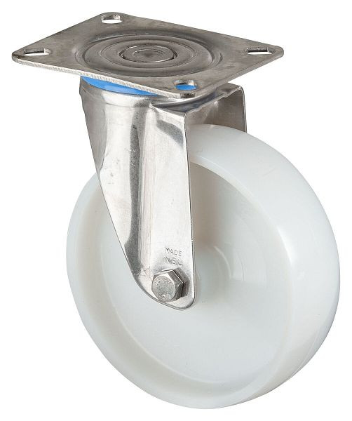 Rouleau de transport en acier inoxydable BS rollers, largeur de roue 37,5 mm, Ø roue 125 mm, capacité de charge 130 kg, plastique, palier lisse, plaque, H100.A90.125