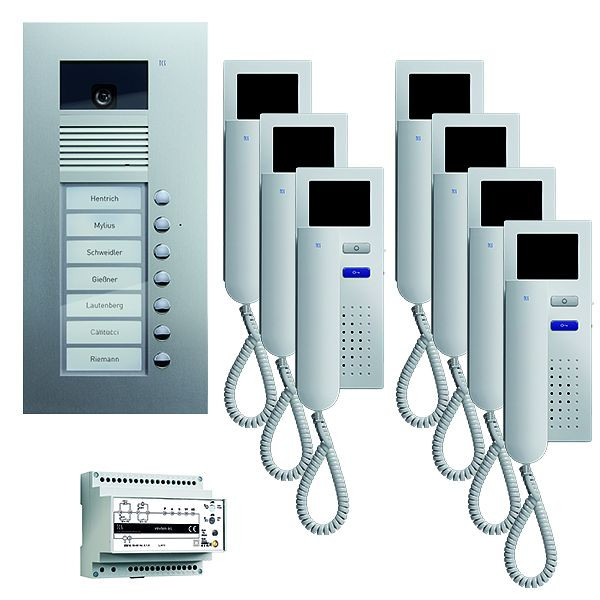 Vidéo du système de contrôle de porte TCS : pack UP pour 7 unités d'habitation, avec platine de rue AVU 7 boutons de sonnerie, 7x visiophone IVH3222, commande, PVU1670-0010