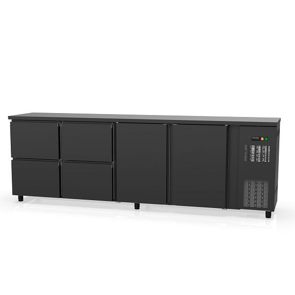 Table réfrigérée de bar Vaiotec TOPLINE 530 noir / 2 portes et 4 tiroirs, 256,5x53x85 cm, 11406