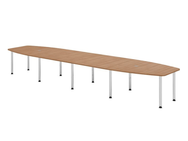 Table de conférence Hammerbacher KT52C, 520 x 130 cm, plateau : noyer, épaisseur 25 mm, cadre chromé de dix pieds, tube rond 6 cm, hauteur de travail 72-74 cm, VKT52C/N/C