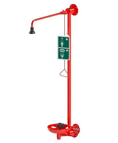 Douche de corps B-SAFETY avec douchette pour les yeux avec bac collecteur, rouge, montage mural, 5/4" pour circulation, DVGW, 306268
