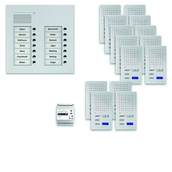 Système de commande de porte audio TCS : pack UP pour 14 unités résidentielles, poste extérieur PUK 14 boutons de sonnerie 2 colonnes, 14x haut-parleur mains libres ISW3030, commande, PPUF14 / 2-EN / 02