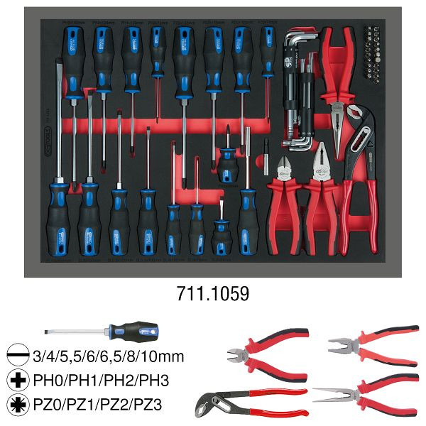 Jeu de pinces et tournevis KS Tools, 59 pièces dans un insert système 1/1, 711.1059