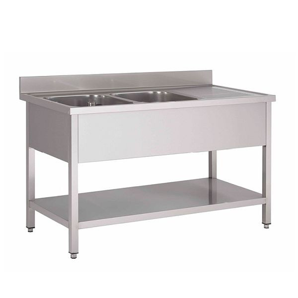 Evier Gastro-Inox avec 2 bacs à gauche et étagère inférieure, 1400(L)x600(P)x880(H)mm, 305.422