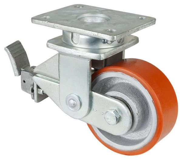Roulettes BS Roulettes fortes charges à ressorts avec freins, largeur 50 mm, Ø125 mm, jusqu'à 550 kg, polyuréthane coulé 95 Shore A, corps coulé, roulements à billes, T120.C10.125
