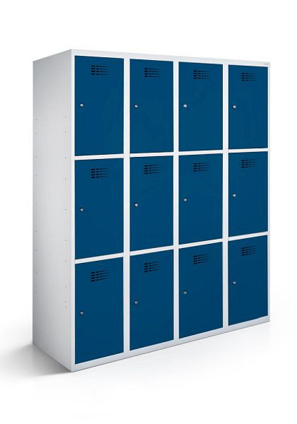 Armoire vestiaire KEMMLIT avec 4 compartiments et 12 portes 30cm avec fond fermé, bleu gentiane 5010, serrure à cylindre, 100605