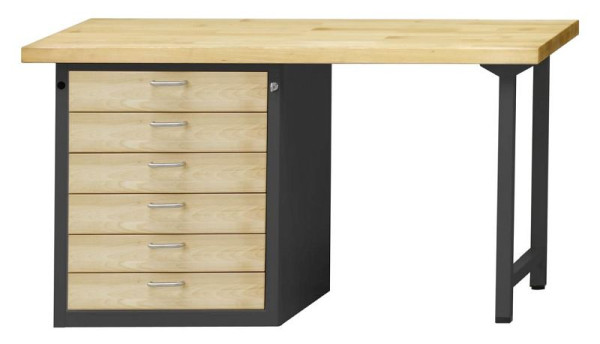 Établi combiné ANKE; 1500x700 mm; RAL 7016 / hêtre ciré naturel; Hêtre plaque solide; Armoire inférieure gauche (V-BL) 660x615 mm, 6 tiroirs, modèle 813 VH