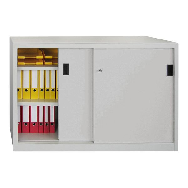 Armoire à portes coulissantes pour charges lourdes Pavoy 1000/1500/500, cloison centrale, 4 étagères thermolaquées ; Serrure à cylindre à poussée rotative, 30330-150-501-910716