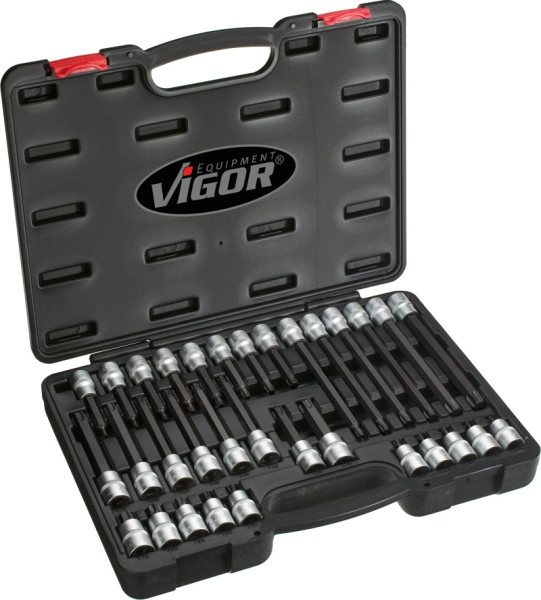 Jeu d'embouts de tournevis VIGOR TORX, carré creux 12,5 mm (1/2 pouce), profil TORX interne, T20 - T70, nombre d'outils : 32, V1917