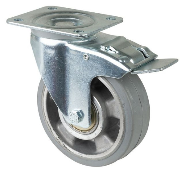 Rouleau de transport BS rollers avec frein, largeur 40 mm, Ø125 mm, jusqu'à 300 kg, pneus élastiques gris, corps de roue en aluminium, roulements à billes, LB520.B83.125