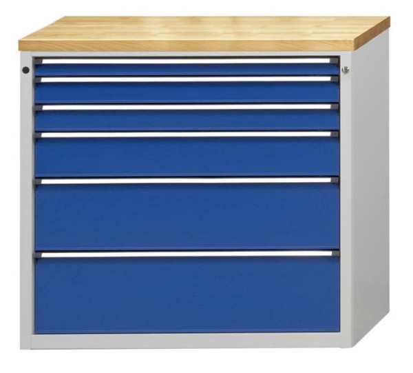 Armoire à outils ANKE; 1065 x 700 x 1020 mm; RAL 7035/5010; Plateau en hêtre massif 40 mm; 6 tiroirs 60, 90, 90, 150, 240, 270 mm, 610.411