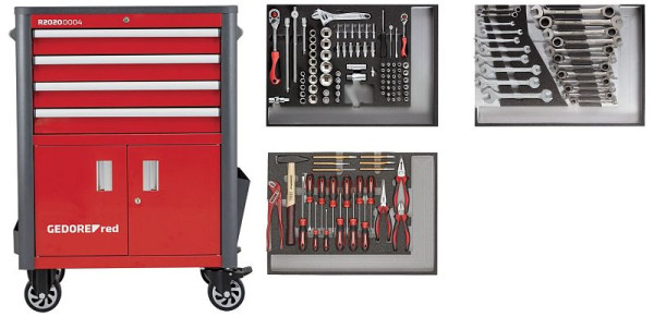 Set d'outils rouge GEDORE dans le chariot d'atelier rouge WINGMAN, 129 pièces, 4 tiroirs, 3301689