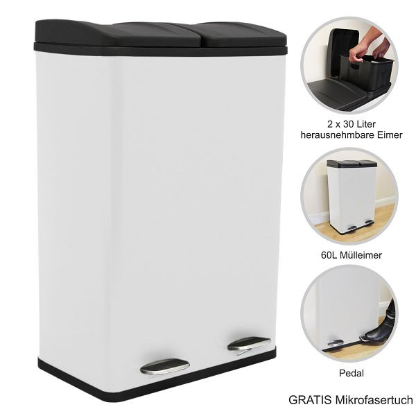 Poubelle à pédale double Monster 60 l, blanc, 26646