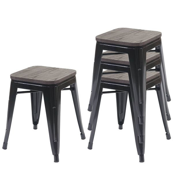 Ensemble de 4 tabourets Mendler HWC-A73 avec siège en bois, tabouret en métal, design industriel en métal empilable, noir, 70771
