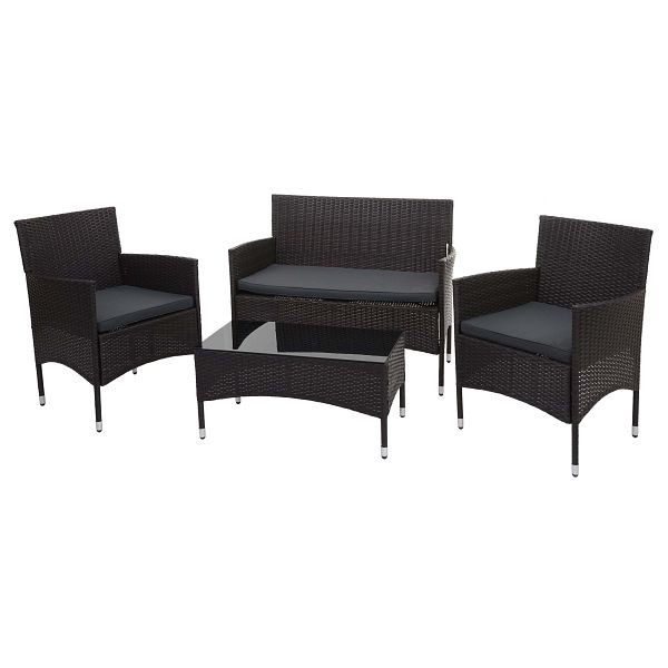 Mendler ensemble en polyrotin HWC-F55, ensemble de balcon/jardin/salon canapé, marron, coussins gris foncé, 76115