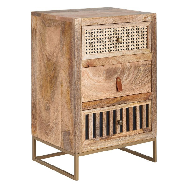 Table de chevet Wohnling Manguier bois massif / métal 40x60x30 cm table de chevet lit à sommier tapissier, console de nuit design avec 3 tiroirs, WL6.482
