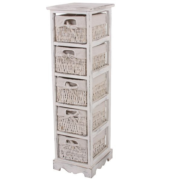 Commode étagère Mendler avec 5 tiroirs panier 90x25x28cm, look shabby, vintage, blanc, 30434