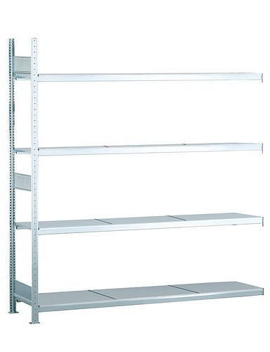 Rayonnage grande portée Schulte avec tablettes en acier, champ supplémentaire, 4 niveaux de rangement, largeur des compartiments 2500 mm, 2506 x 436 x 2500 mm, 278905