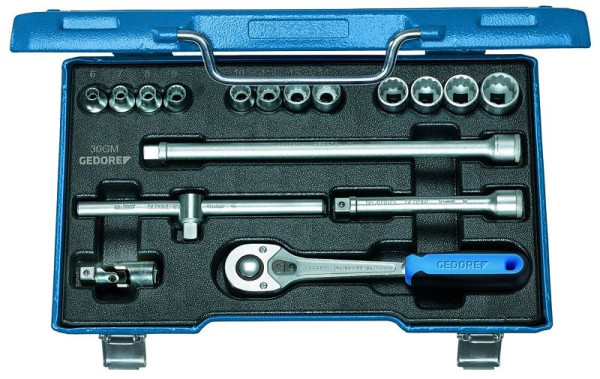 Jeu de clés à douilles GEDORE 3/8", 17 pièces, profil 12 pans, cliquet réversible à levier, 6239380