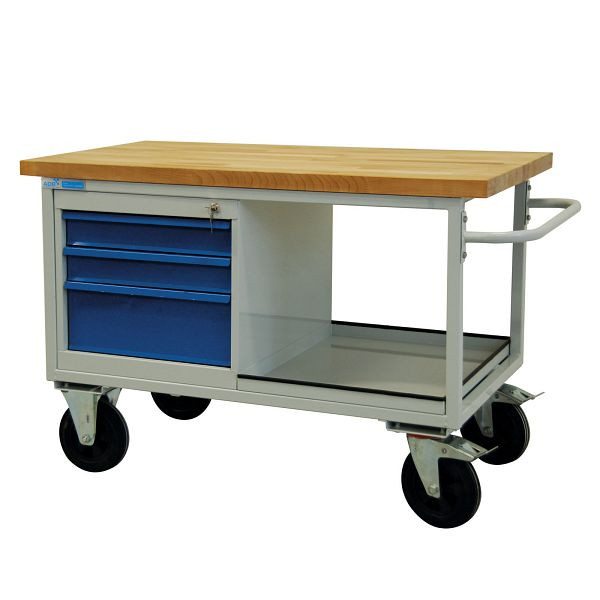 Etabli mobile ADB "type chariot de table" 3 tiroirs + étagère, 840x1300x600 mm, chariot de table : gris clair, RAL 7035, tiroirs : bleu clair (RAL 5012), 42745