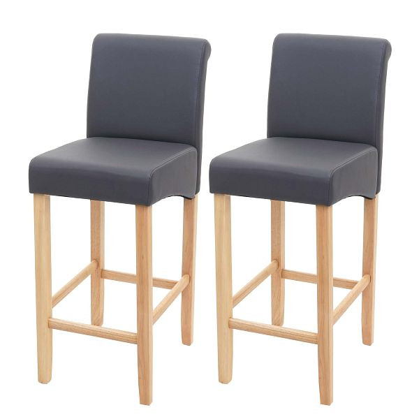 Ensemble de 2 tabourets de bar Mendler HWC-C33, tabouret de bar, bois, gris mat, pieds légers, simili cuir, 74629