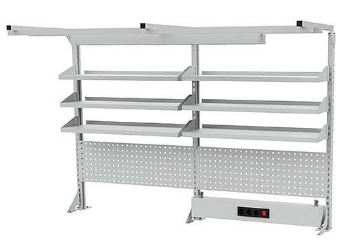 Structure multi-parois Bedrunka+Hirth avec cadre supérieur, 1x canal d'énergie, 2x paroi perforée, 6x étagère, dimensions en mm (LxH) : 2000 x 859, 03.900.20.26