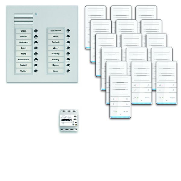 Système de commande de porte audio TCS : pack UP pour 16 unités résidentielles, avec poste extérieur PUK 16 boutons de sonnerie 2 colonnes, 16x haut-parleur mains libres ISW5031, commande, PAUF162 / 001
