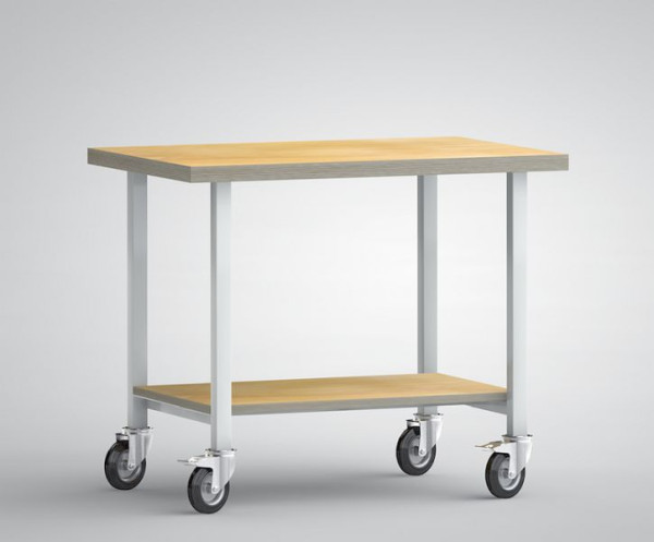 Etabli latéral KLW - 1000 x 700 x 840 mm avec plateau multiplex en hêtre 1000 x 700 x 40 mm, mobile, avec 4 roulettes pivotantes 125 mm Ø, WS819N-1000M40-X7003