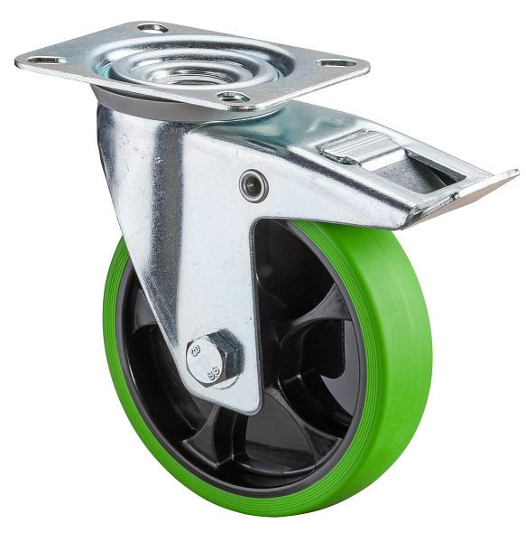 Roulette de transport pivotante BS Rollers avec frein, roue en caoutchouc thermoplastique, pneu vert, roulement à rouleaux, plaque, 125 mm, lot de 2, L420.B44.126.04