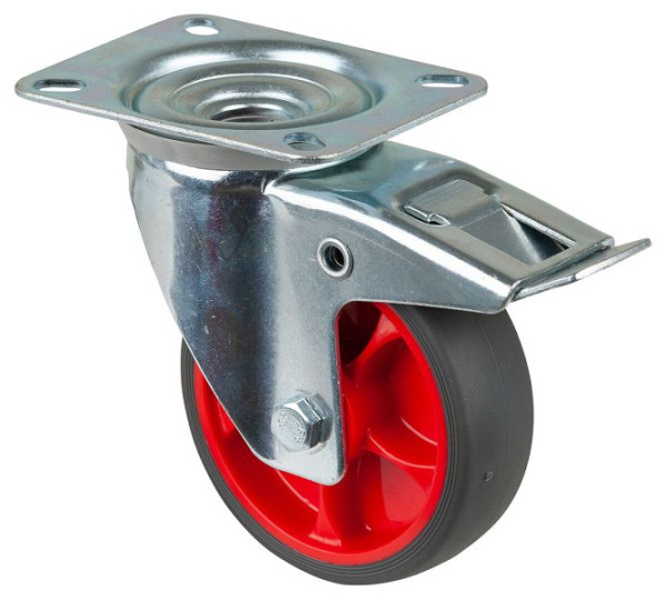 Roulette de transport à roulettes BS roulette pivotante avec frein, roue en caoutchouc thermoplastique, pneu gris, roulement à rouleaux, platine : 100 mm, pack : 4 pièces, L420.B44.101.03