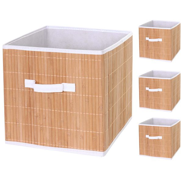 Mendler lot de 4 boîtes pliantes HWC-C21, panier de rangement panier de commande boîte de tri boîte de rangement, bambou 32x32x32cm couleur naturelle, 61224