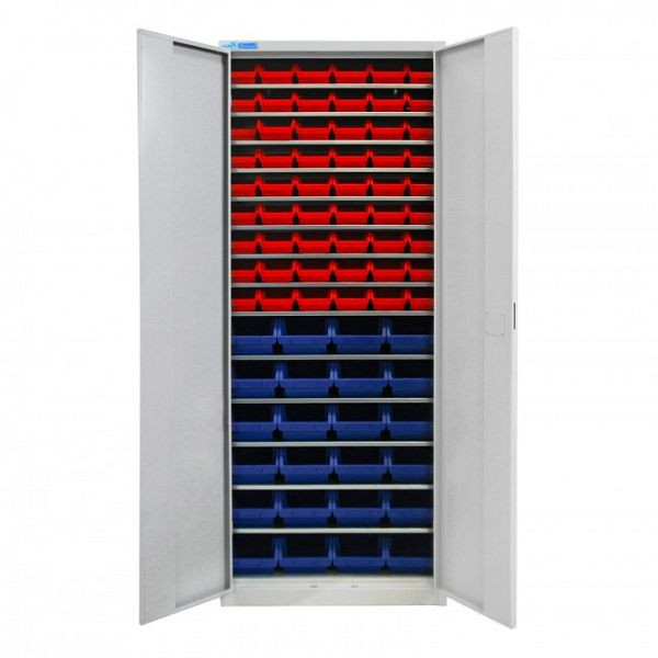 Armoire à portes battantes ADB avec 78 caissons de rangement et étagères visibles, dimensions LxLxH : 170x240x126 mm, couleur : bleu, couleur : rouge, 40826