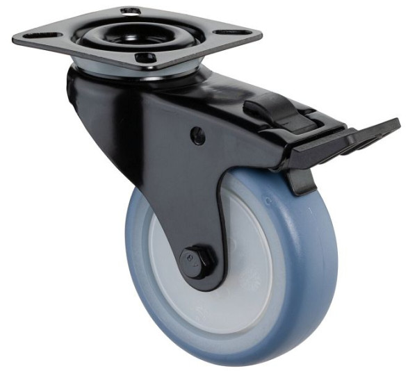 BS Castors Roulette pivotante avec frein noir, roue en caoutchouc thermoplastique bleu clair, roulement à billes, plaque, diamètre : 75 mm, pack : 4 pièces, A820.A85.075.05