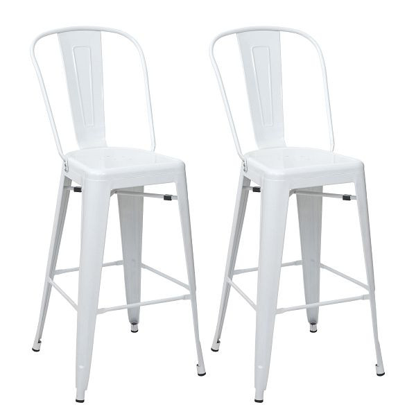 Ensemble de 2 tabourets de bar Mendler HWC-A73, tabouret de bar avec dossier, design industriel en métal, blanc, 70813