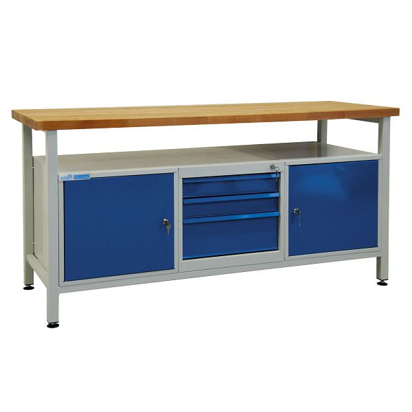 Etabli ADB 3 tiroirs + 2 portes, étagère, dimensions : LxlxH 1700x600x840 mm, table de travail : gris clair, RAL 7035, couleur porte/tiroir : bleu clair (RAL 5012), 42753