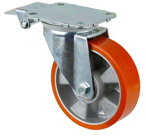 Roulettes BS Roulette pivotante avec frein central, roue polyuréthane, jante aluminium, roulement à billes, platine, 83 Shore A, diamètre : 200 mm, L440.B90.200