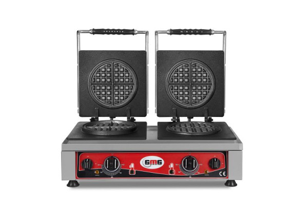 Gaufrier américain GMG, 2x (Ø 16 x 1,5 cm), plaque de cuisson fixe de 50° à 300°C en fonte, canal de récupération des graisses sur tout le pourtour, boîtier en acier inoxydable, KGW-26