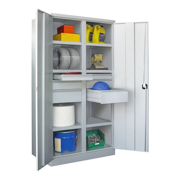 Armoire charges lourdes Pavoy 1950/1040/630, cloison, 6 étagères thermolaquées, 6 tiroirs, portes battantes, poignée rotative avec serrure à cylindre, 36366-104-005-905118