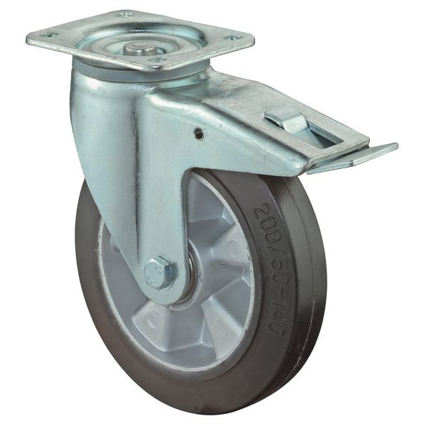 BS Rolls Roulette robuste avec frein, largeur 50 mm, Ø125 mm, jusqu'à 220 kg, bandages élastiques noirs, corps de roue en aluminium, roulements à billes, L620.B80.125