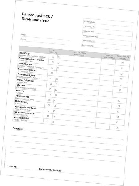 Formulaires d'atelier Eichner "Listes de contrôle", impression : immatriculation du véhicule / acceptation directe, UE : 50 pièces, 9036-00174