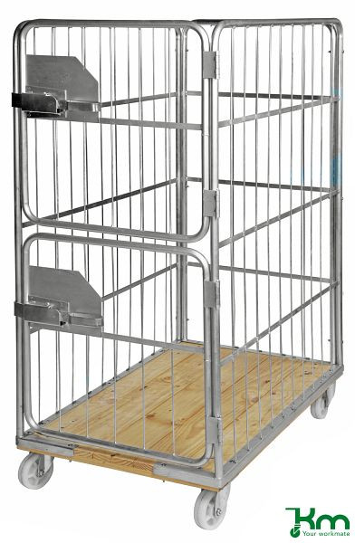 Conteneur mobile Kongamek avec plancher en bois, 2 roulettes pivotantes et 2 roulettes fixes, 1200 x 750 x 1700 mm, maillage 100 x 380 mm, KM86